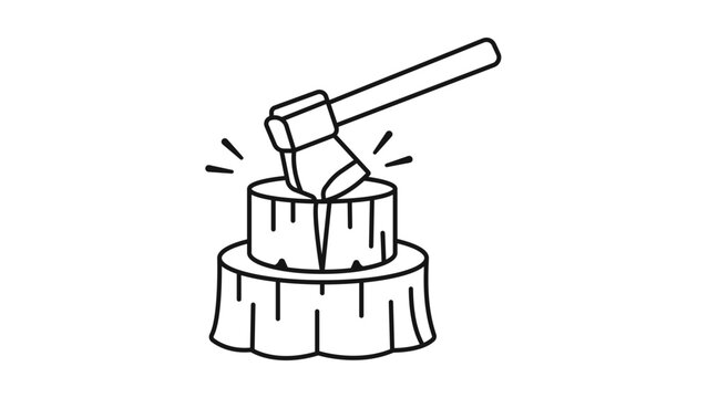 Minimalist Black Line Vector Icon of an Axe Splitting a Wooden Log, Hand-Drawn Style. Features Editable Stroke for Customizable Line Weight. Perfect for Forestry, Camping, Woodwork, and Outdoor