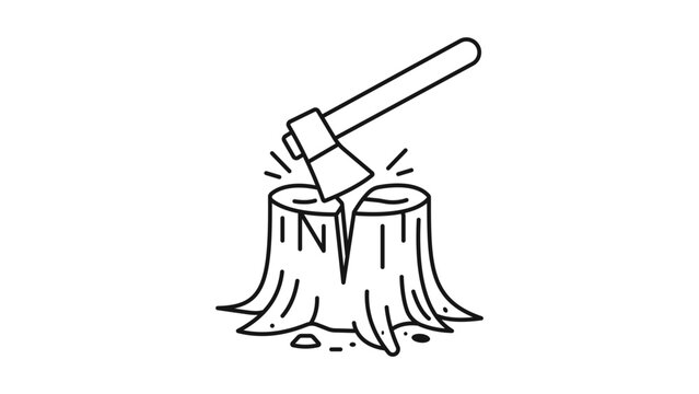 Minimalist Black Line Vector Icon of an Axe Splitting a Tree Stump on White Background. Hand-Drawn Illustration for Forestry and Woodworking with Editable Stroke and Adjustable Line Weight.
