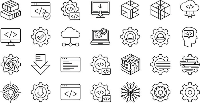 Software development coding technology line icons vector set programming cloud computing automation outline symbols collection