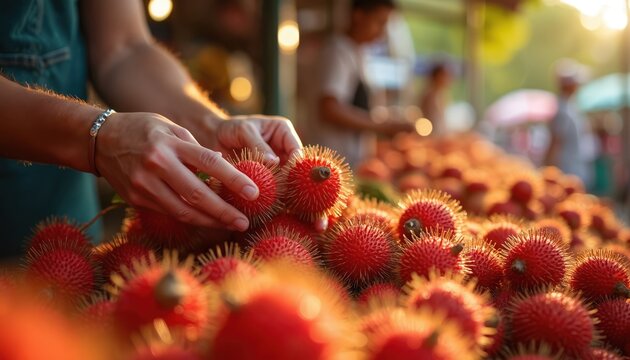 Person chooses spiky red tropical fruit at outdoor market stall in sunlight. Fresh produce abundance displays sweet exotic rambutan for sale. Healthy snack choice.