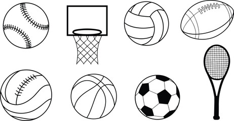 Hand drawn sports equipment icons set including basketball hoop soccer baseball volleyball tennis racket outline vector illustration isolated collection © MDHAMIM