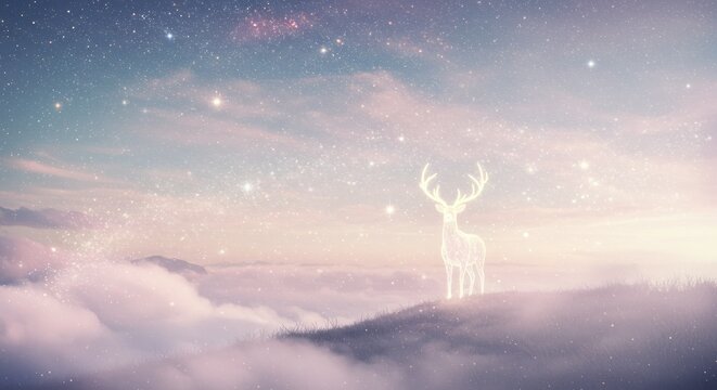 Fantasy creature above cloudy mountain landscape.