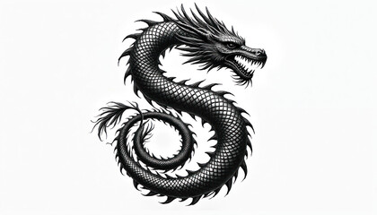 Fototapeta premium Intricate black and white dragon illustration curls forming the letter S. Fearsome mythical creature graphic, detailed scales and sharp teeth. Vintage engraving style art, isolated on white.