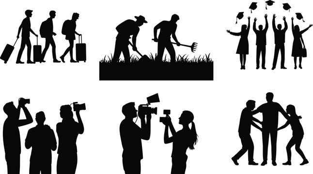 people, silhouettes, set, travel, farming, graduation, photography, teamwork, lifestyle, vector, illustration, group, activity, profession, human, camera, black, isolated, collection, concept