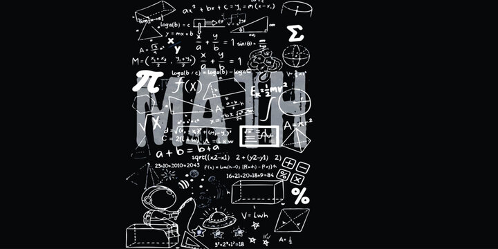 Math word written with hand drawn science symbols and formulas on a black background
