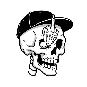 Skeleton wearing a baseball cap giving the middle finger.