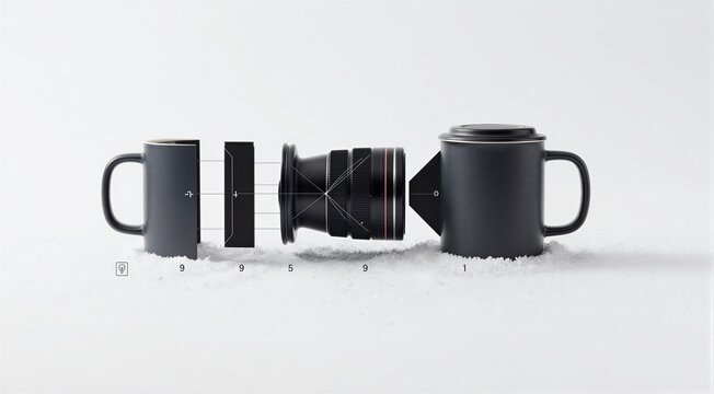 Camera lens components arranged between mugs on white surface