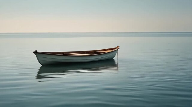 Solitary Wooden Rowboat Floating Calmly on Serene Ocean Water at Sunrise