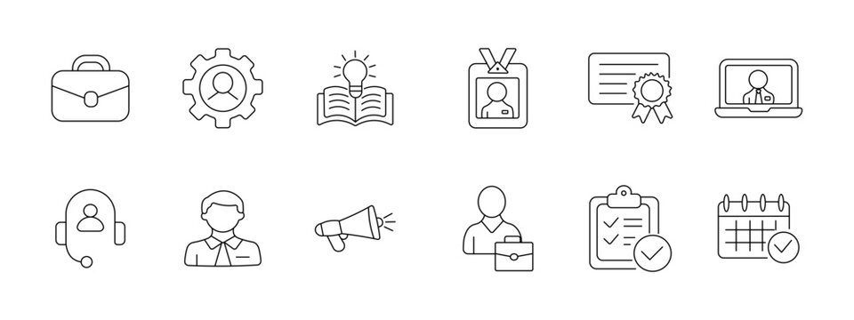 Human resources recruitment set icon. Briefcase gear book badge certificate laptop headset megaphone manager checklist calendar depict hiring management career process.