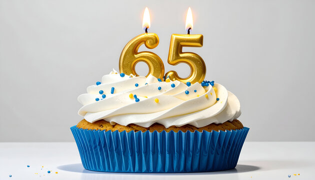 Golden Number 65 Candles on a Delicious Birthday Cupcake.