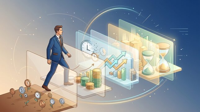 Strategic business journey A man navigates a path of financial investment and time management toward future growth and success in a dynamic market