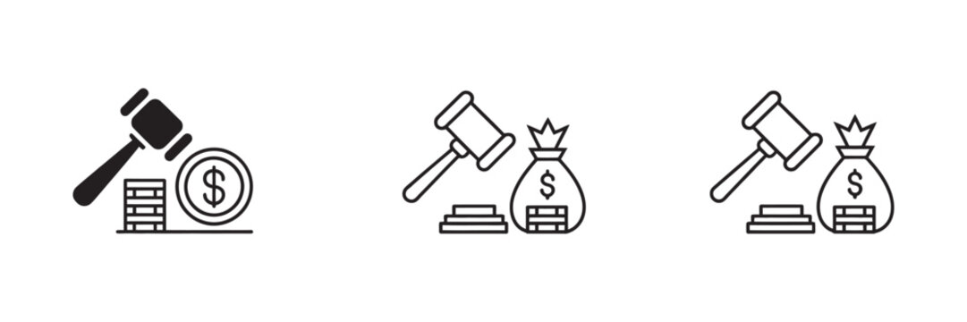 Money bag gavel and coins icon set, vector illustration for financial law auction bankruptcy and legal tender concepts, clean modern justice and economy symbols design