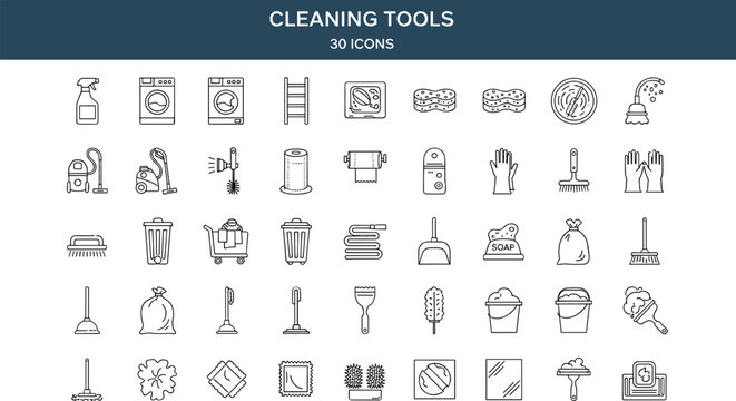 Cleaning tools household equipment line icons vector set vacuum mop sponge detergent hygiene outline symbols collection