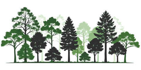 Set of various forest trees silhouettes with green leaves and dark trunks in a row © md