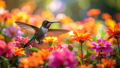 Obraz premium A hummingbird hovers among vibrant flowers.