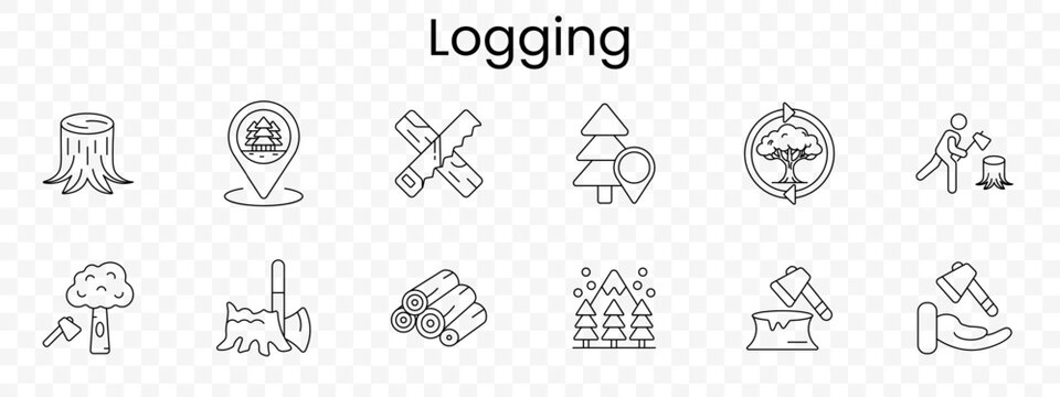 Logging forestry set icon. Tree stump, forest location, crossed saw, pine marker, ecosystem symbol, woodcutter, axe tree, timber logs, deforestation