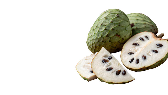 Fruit of cherimoya with slices and whole fruit on white background during daylight hours isolated on transparent background cut out