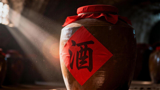 Tradition Preserved: A rustic clay jar, sealed with a vibrant red cloth, proudly displays an intricate calligraphy symbol, symbolizing heritage and culture. Rays of light gracefully cascade.