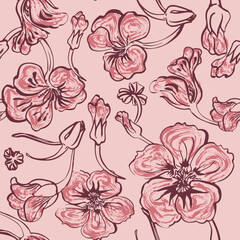 Seamless pink floral sketch pattern. Hand drawn dusty rose textured flower background. Vintage romantic botanical textile design. © RDYD Studio