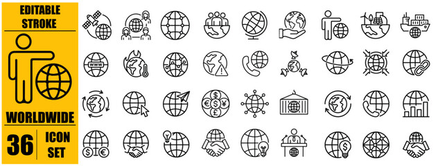 Worldwide icon set. Containing globe, world, international, global, earth, network, sphere, planet, citizen, business, population and more. Editable line icons. Vector illustration. © Huzaifa