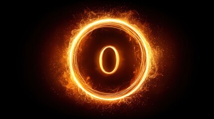 Naklejka premium Fiery glowing number zero inside a bright orange energy ring on black background