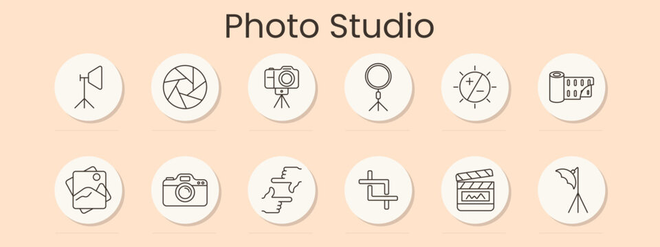 Photo studio set icon. Softbox, aperture, camera on tripod, ring light, exposure, film roll, photo stack, digital camera, retouch, crop, clapperboard, umbrella light, production