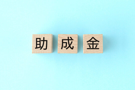 助成金の文字が書かれた木製のブロック
