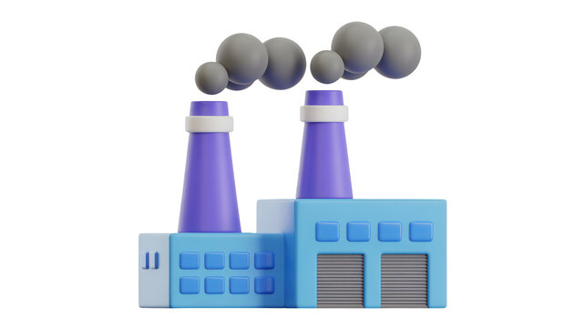 Stylized 3D factory illustration with tall purple chimneys emitting smoke, blue industrial building, cartoon design symbolizing industry, pollution, energy, and environmental impact white background