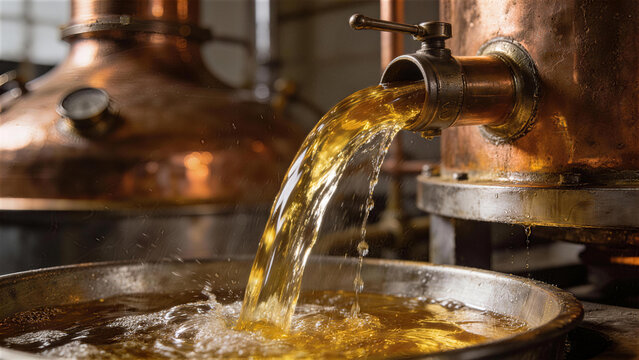 Distillation Process: Close-up shot capturing the essence of a traditional distillery, with liquid flowing from a copper pipe into a container, revealing a craft production.