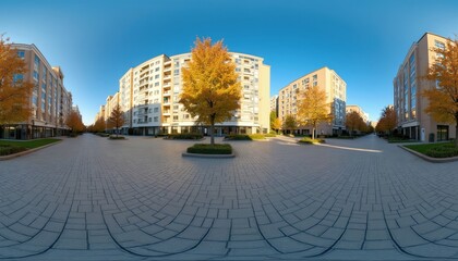 Naklejka premium Wide view of residential buildings with trees in autumn colors lining paved walkway. Modern architecture with balconies and shops on ground floor in daytime.