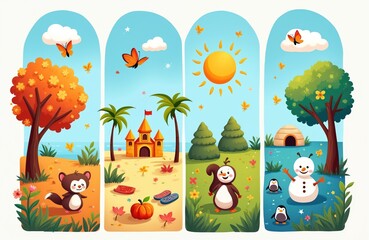 Fototapeta premium Four cartoon panels show seasons changing autumn leaves fall, summer beach castle, spring flowers bloom, winter snowman, penguins. Cute animals like squirrel, penguin, butterfly, bee observe nature.