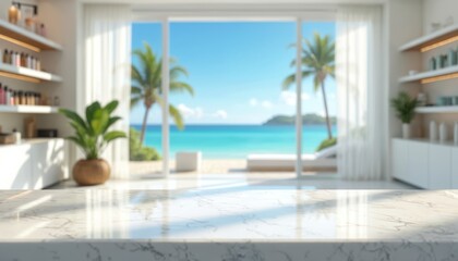Naklejka premium Modern clean room with marble counter overlooks tropical beach ocean view. White curtains, potted plant, shelves with bottles, bright sunny day, palm trees swaying. Serene paradise vacation setting.