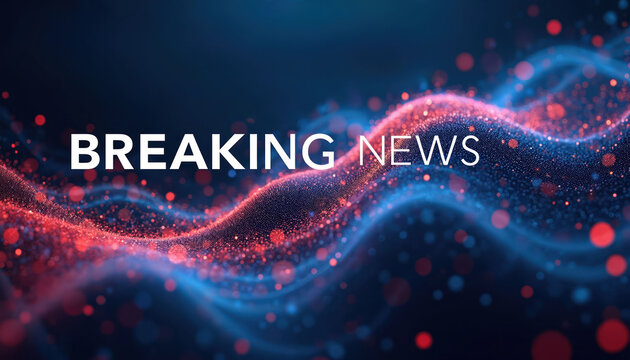 Breaking news title on a dark blue background with glowing digital particles. Urgent information alert with abstract wave pattern, perfect for broadcast media graphics.