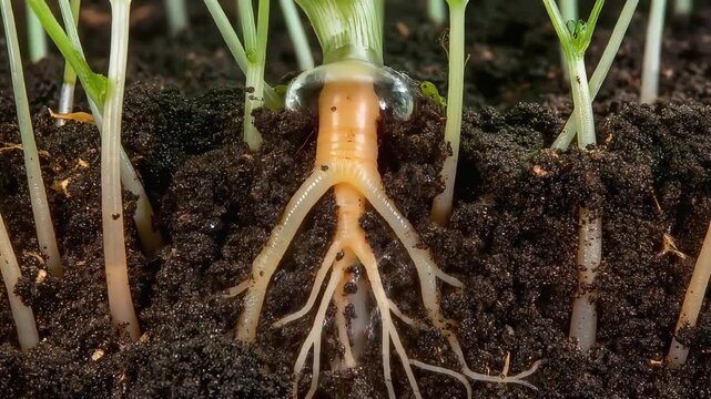 Macro Closeup of Carrot Seedling Roots Growing in Dark Soil with Water Droplet