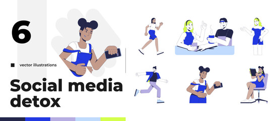 Fototapeta premium Young people engaging in offline activities cartoon flat illustrations bundle. Real life interaction. Digital detox lifestyle 2D images isolated on white. Collection vector drawings colorful