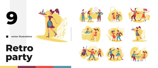 Fototapeta premium 50s retro party cartoon flat illustrations bundle. 1940s entertainment. Vintage club. Boogie-woogie dancing couples and jazz musicians 2D images isolated on white. Collection vector drawings colorful