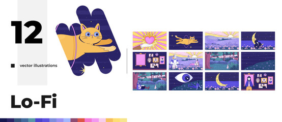 Naklejka premium Lofi dreamscape and calm landscapes cartoon flat illustrations bundle. Fairytale wonderland. Whimsical cat. Nighttime introspection 2D images isolated on white. Collection vector drawings colorful