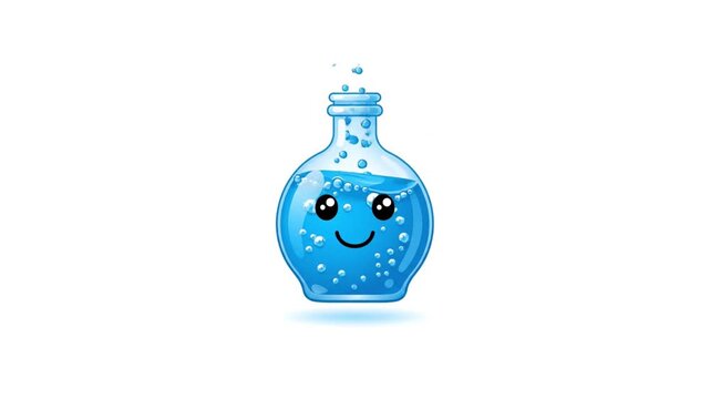 A cute, cartoonish blue potion in a round-bottomed flask with a happy face and bubbles, on a white background.