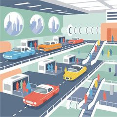 Obraz premium Retro Futuristic Transportation Hub with Flying Cars and Escalators