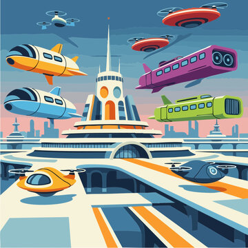 Retro futuristic transportation hub with flying vehicles