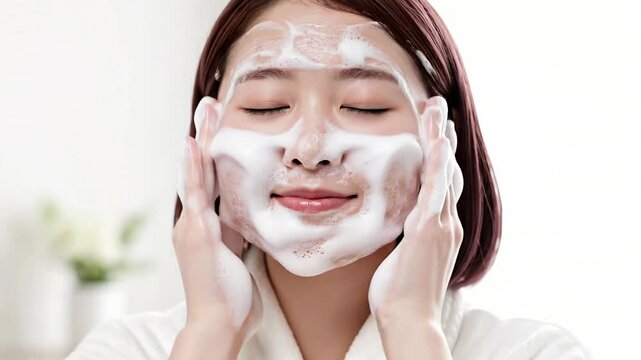 顔にたっぷりの泡をつけて洗顔マッサージをする女性