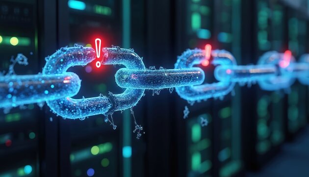Glowing blue digital chain broken with red alert symbols. Servers in background indicate network failure and system error. Data link compromised security threat.