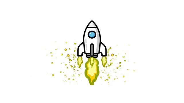 A cartoon-style illustration of a white rocket ship launching upwards with bright yellow exhaust fumes and particles trailing behind it against a white background.