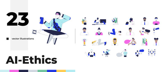 Naklejka premium AI influence on human behavior and digital interaction cartoon flat illustrations bundle. Robots and modern diverse people daily 2D images isolated on white. Collection vector drawings colorful