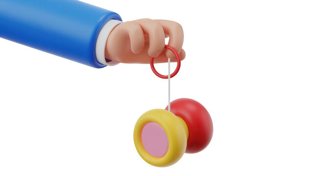 3d illustration of a cartoon hand holding a colorful yoyo toy, playful design element for childrens games, entertainment, and hobby concepts isolated on transparent background
