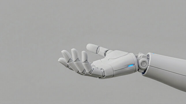 Clean 3D robotic hand offering gesture in matte white on grey