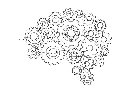 Single line draw of human brain made of gear and cogwheel, perfect for business science concept company guidebook cover. Represents mechanics of thinking and industrial purpose of human intelligence