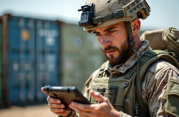 Obraz premium Soldier wears camouflage uniform and helmet. He looks at his smart device in his hands. He is focused on the screen. He uses technology in field operations. Outdoor scene with shipping containers.
