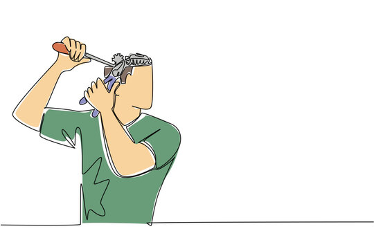 Continuous line drawing of attractive young man fixing his brain using tools for medical industry concept banner. This human subject artwork represents mental health therapy and personal repair