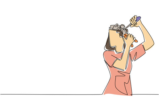 One line drawing of beautiful woman fixing her internal gears inside head for career business thought concept. Female subject represents optimization and mental clarity through self health maintenance